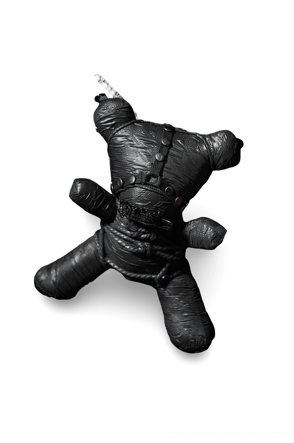 Black goth teddy bear plush with leather-like harness straps and punk aesthetic - side oblique angle