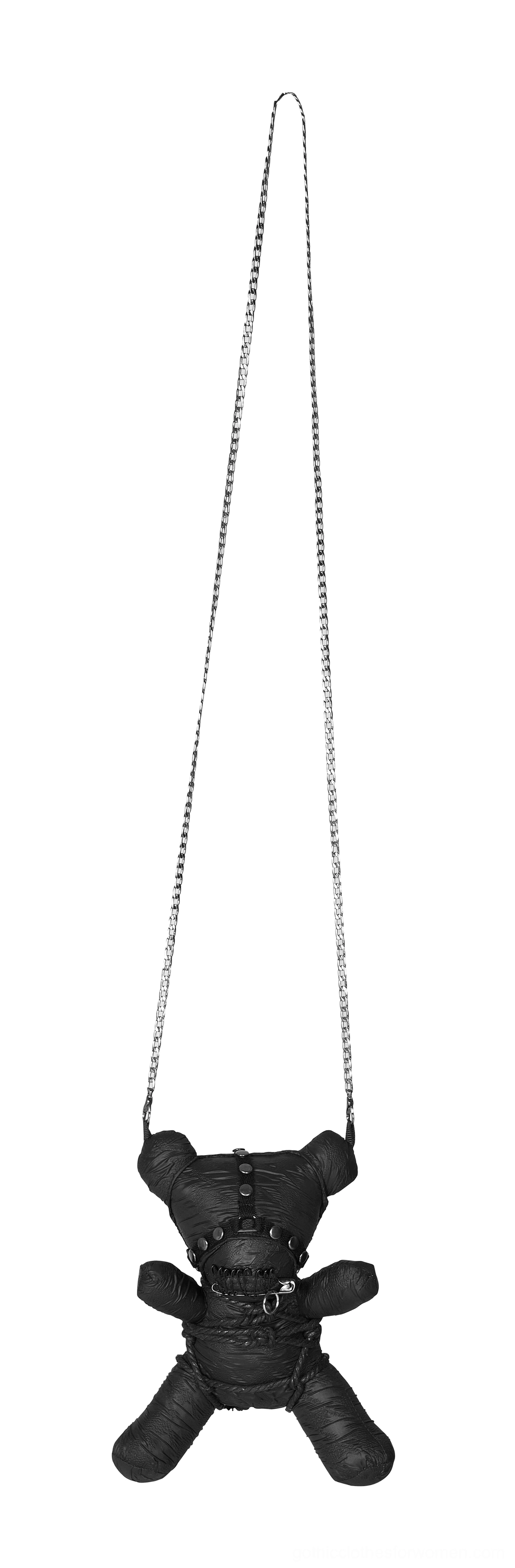 Single gothic bondage teddy bear pendant on thin silver chain - side flat hanging view