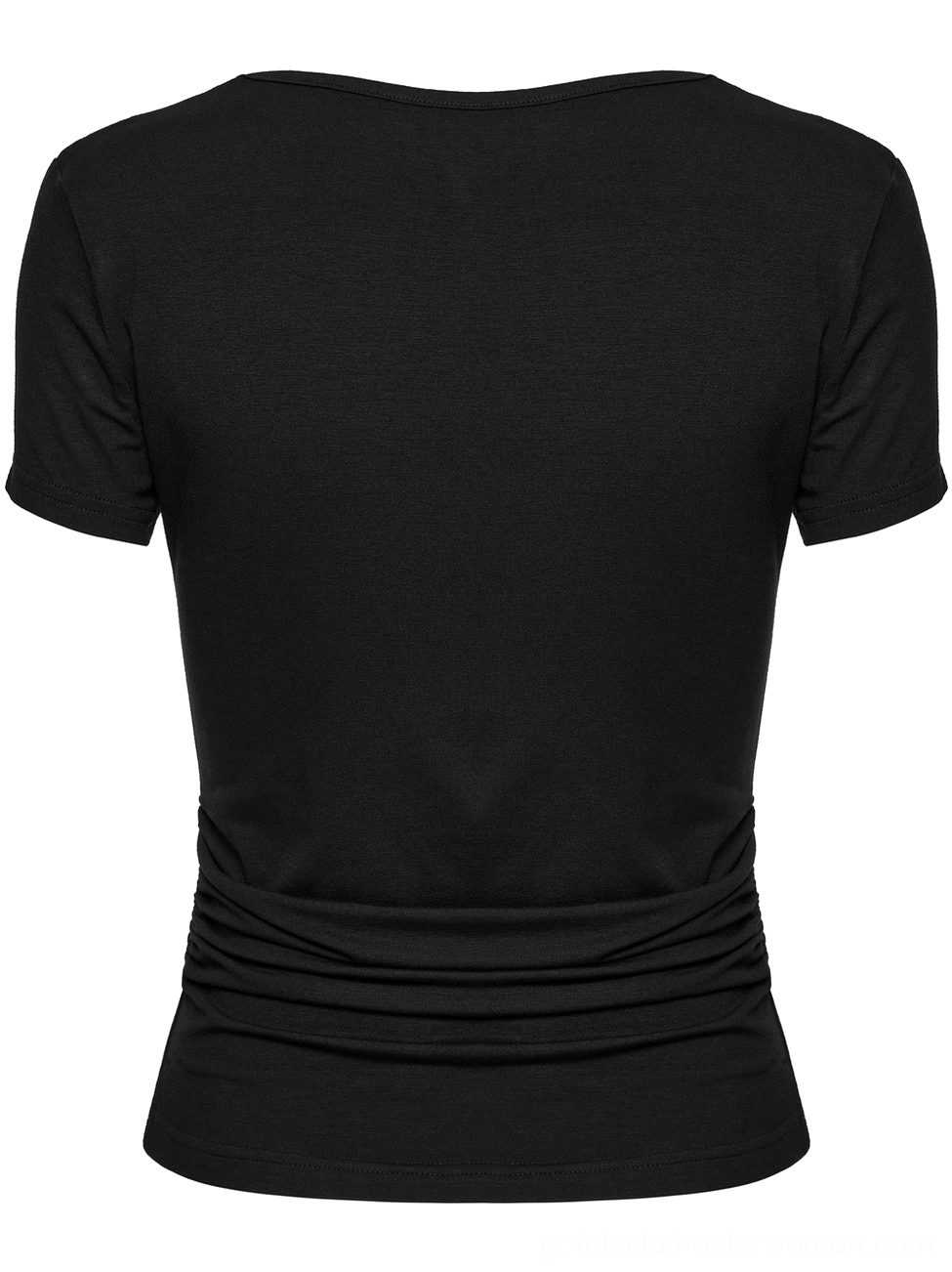 Black gothic t-shirt back flat lay showing solid back panel and lower waist ruching