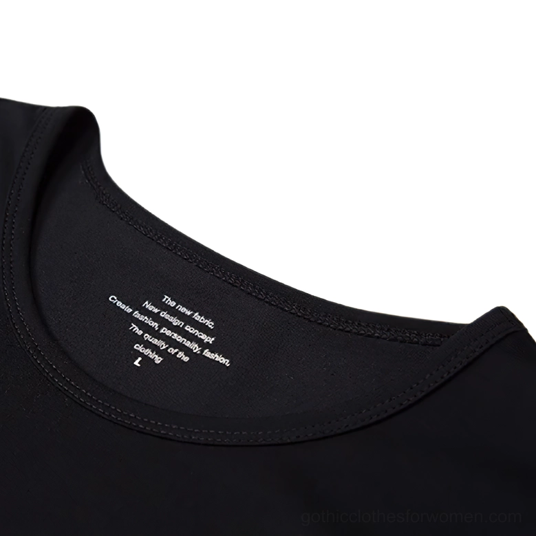 Close-up detail of crew neckline ribbed collar interior on gothic rhinestone skull t-shirt