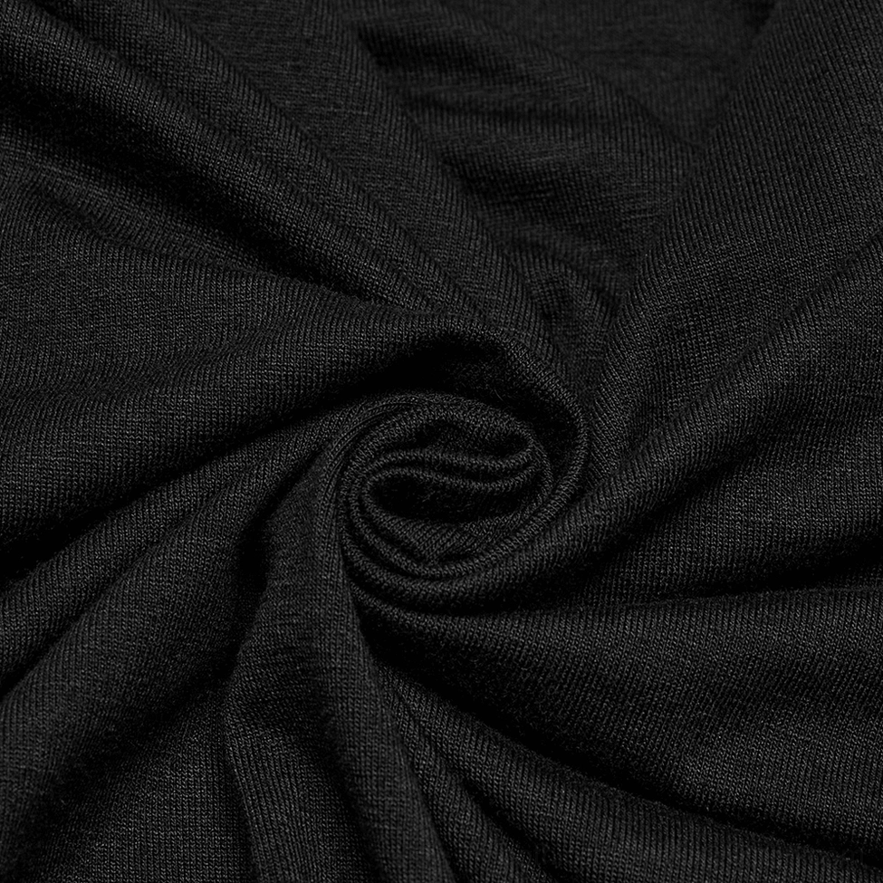 Black knit fabric close-up showing soft elastic texture and twisted weave detail