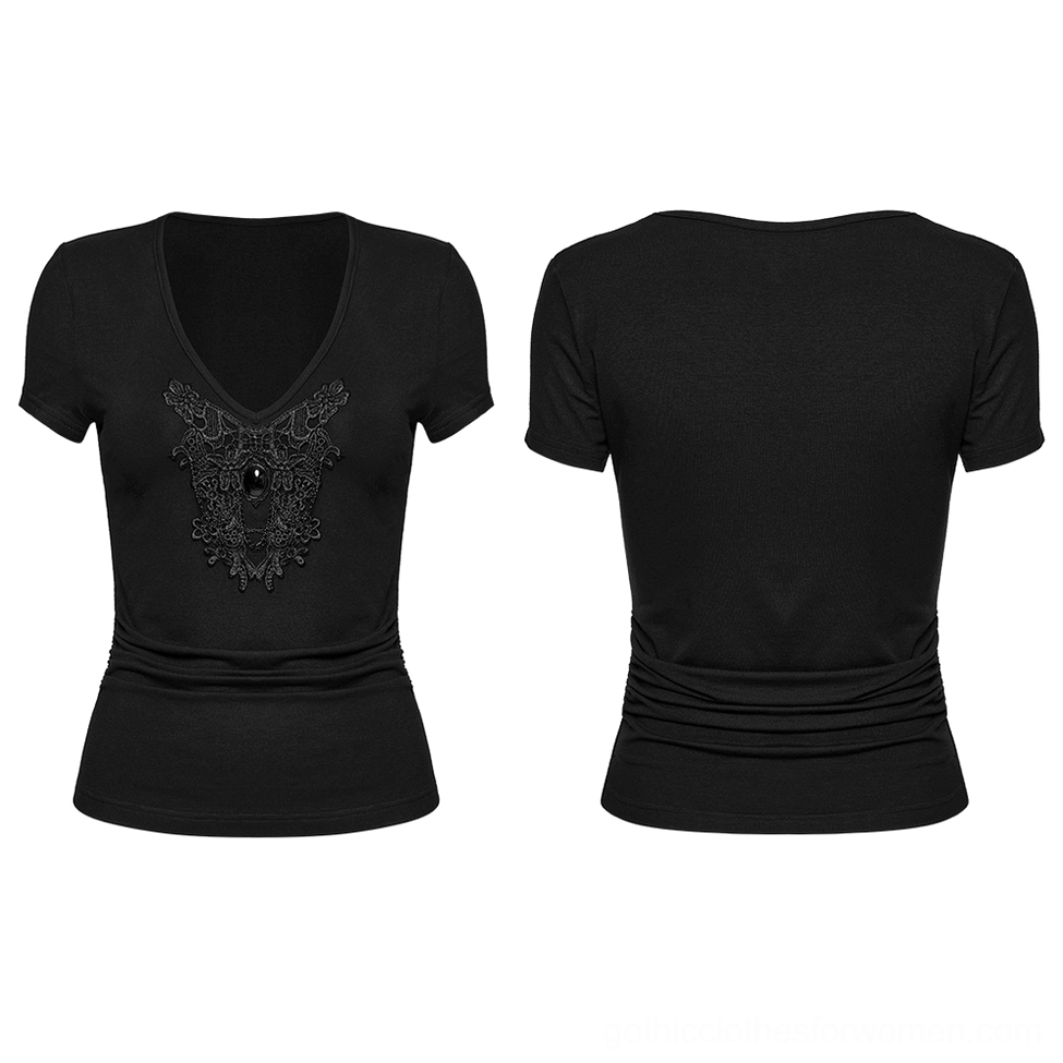 Black skull lace V-neck t-shirt flat lay front and back display