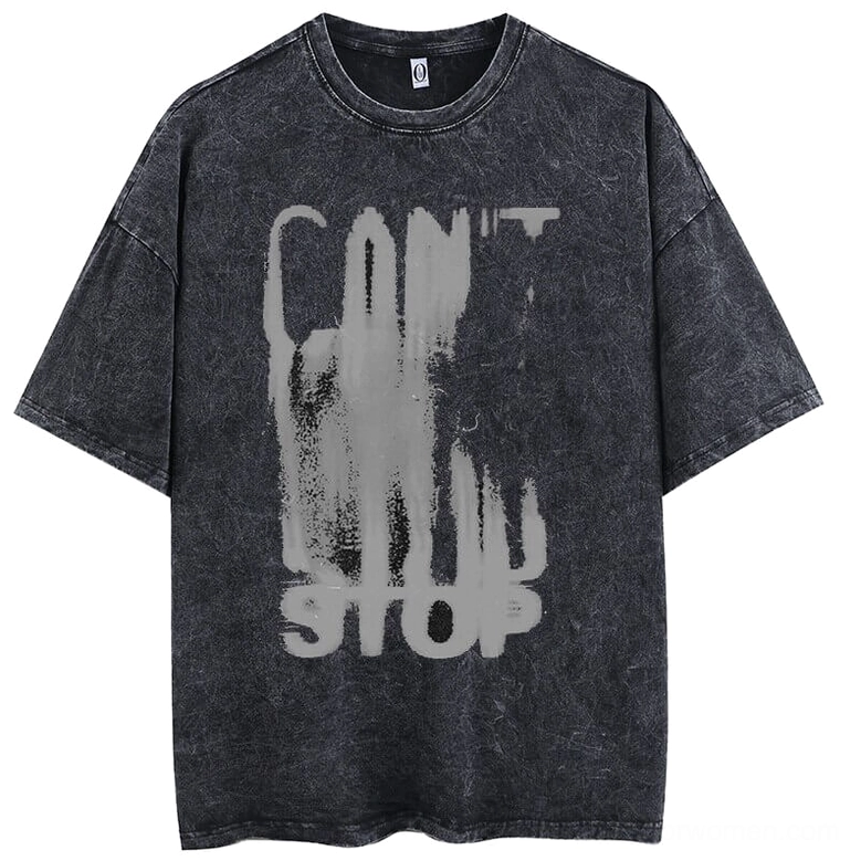 Flat lay front view of oversized black cotton gothic t-shirt with faded distressed CAN'T STOP brushstroke graphic print, crew neck and short sleeves