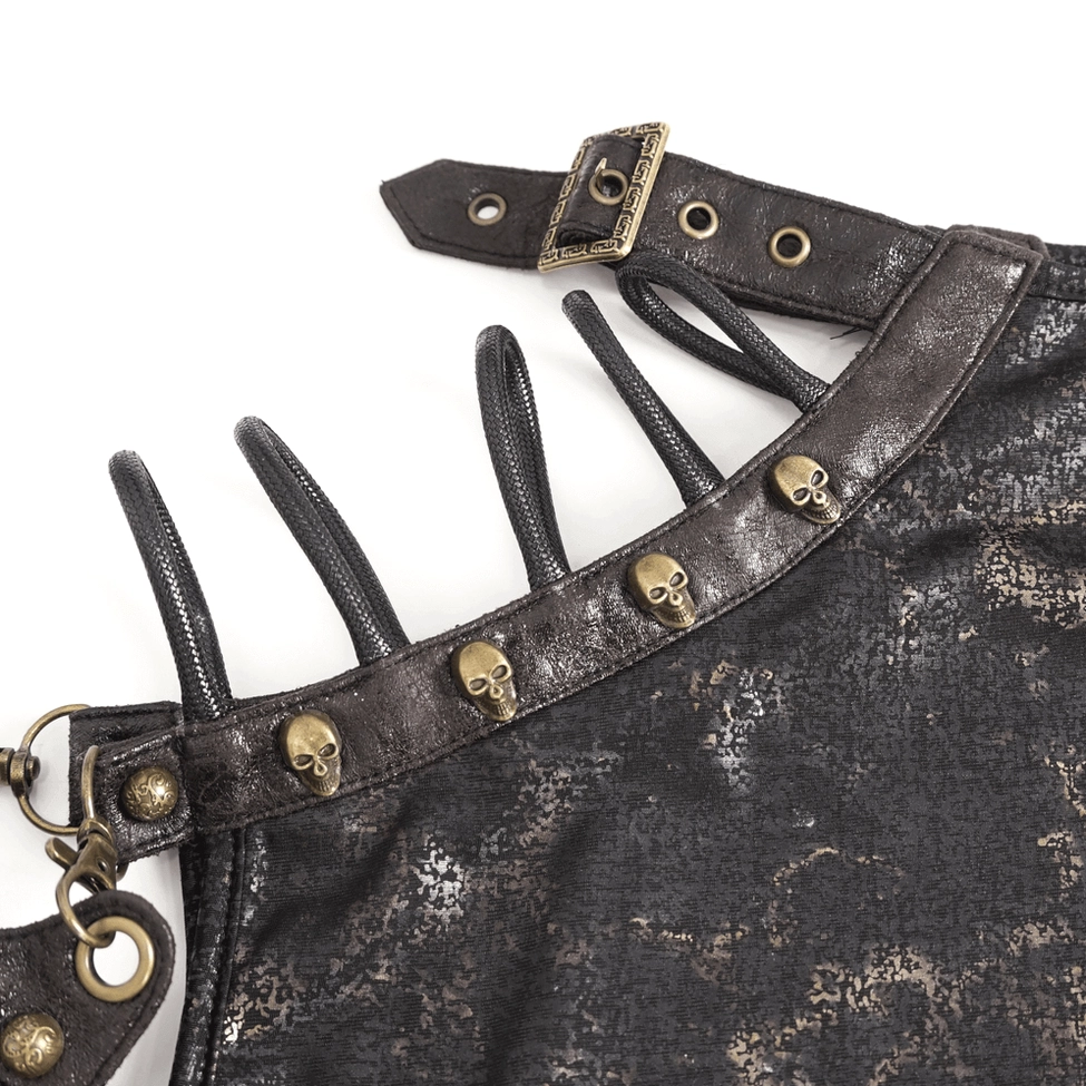 Black and gold metallic distressed print detail on steampunk gothic t-shirt