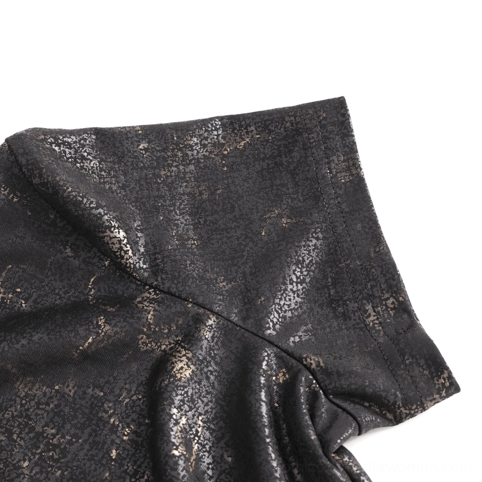 Three-quarter rear view of black gothic t-shirt - lace shoulder details and mock neckline