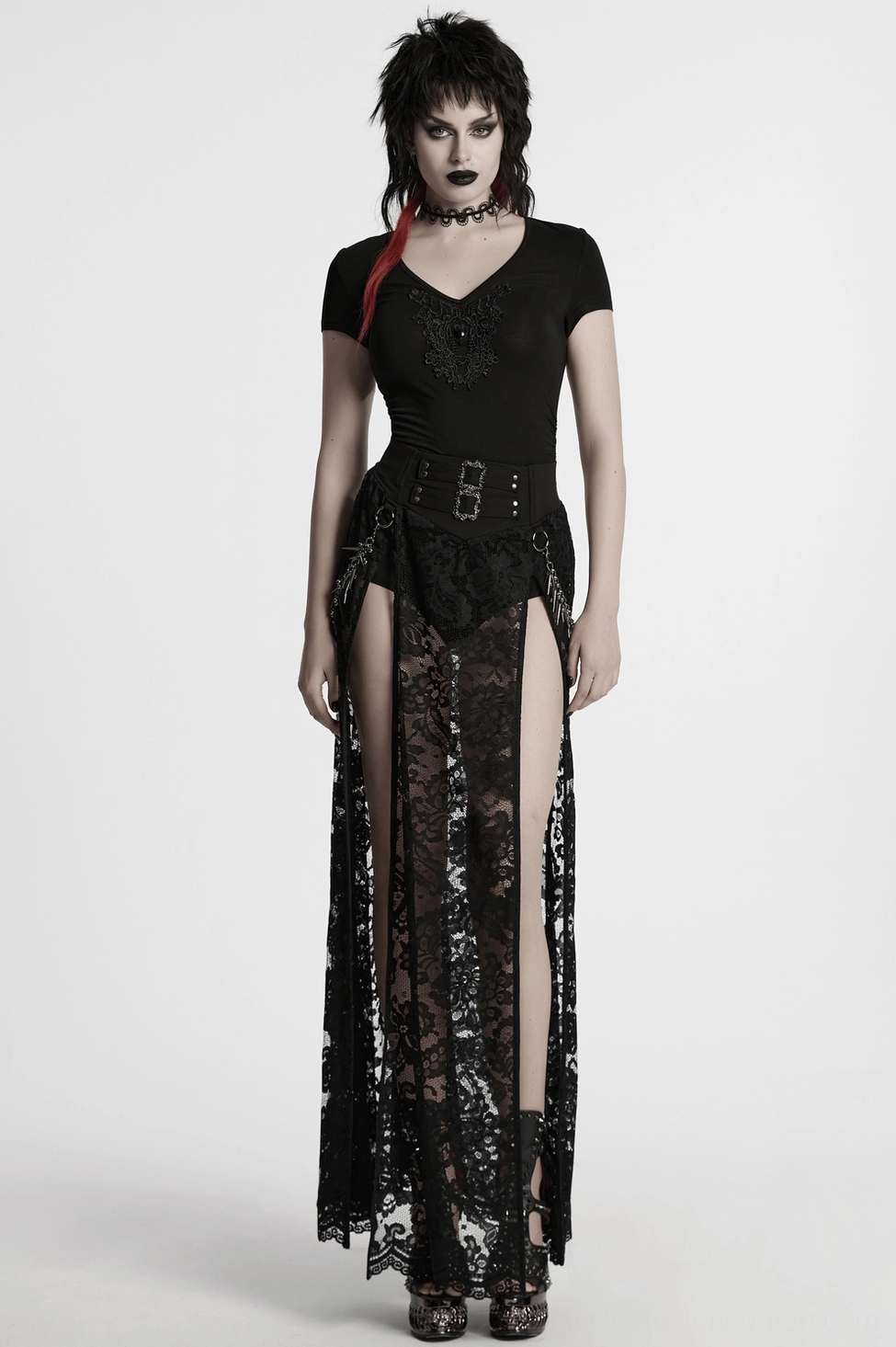 Black gothic t-shirt waist ruching detail showing gathered pleats and seam construction
