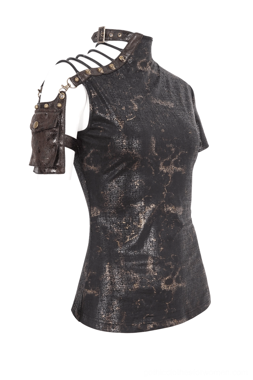Gothic t-shirt side view showing skull-adorned leather shoulder pocket and laced cutout strap