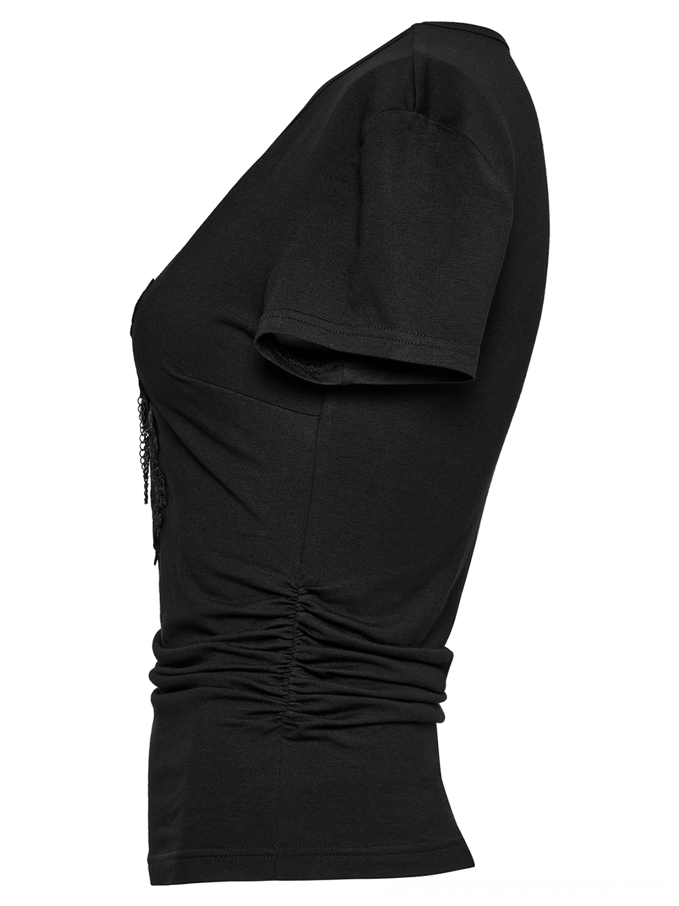 Black gothic t-shirt side view fitted slim silhouette with ruched waist seam