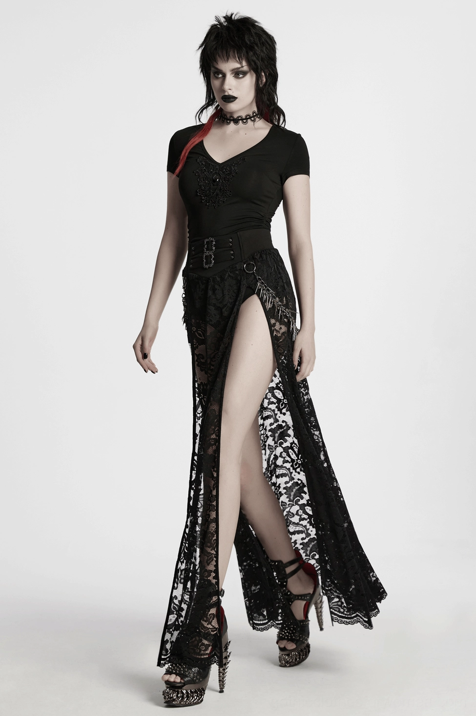 Black skull lace gothic t-shirt three-quarter view showing fit and styling