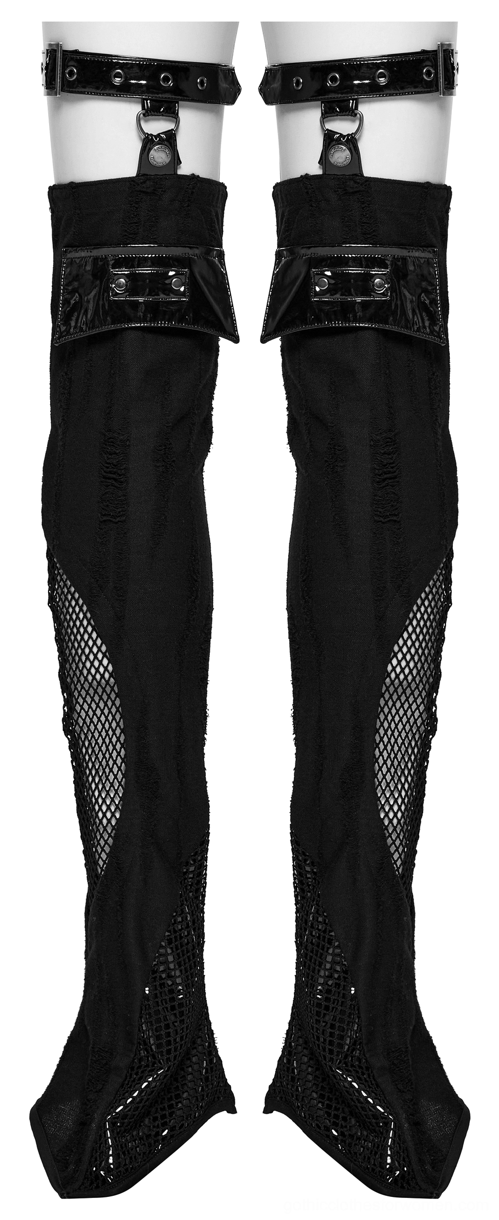 Front view of paired gothic thigh high leg warmers with small square buckle straps, strategic mesh side panels, and flared bottom edge