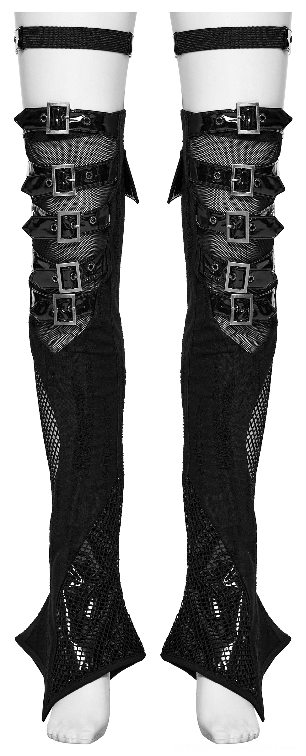 Close-up front view of gothic thigh high leg warmers with multiple square metal buckles, mesh inserts, and adjustable thigh strap