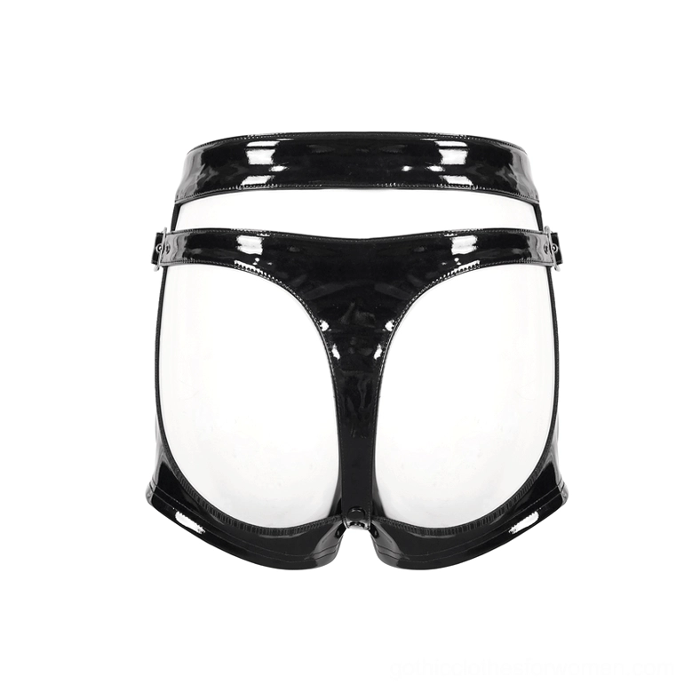 Rear flat lay of hollow out thong gothic shorts - strappy waistband and cut-out buttocks detail