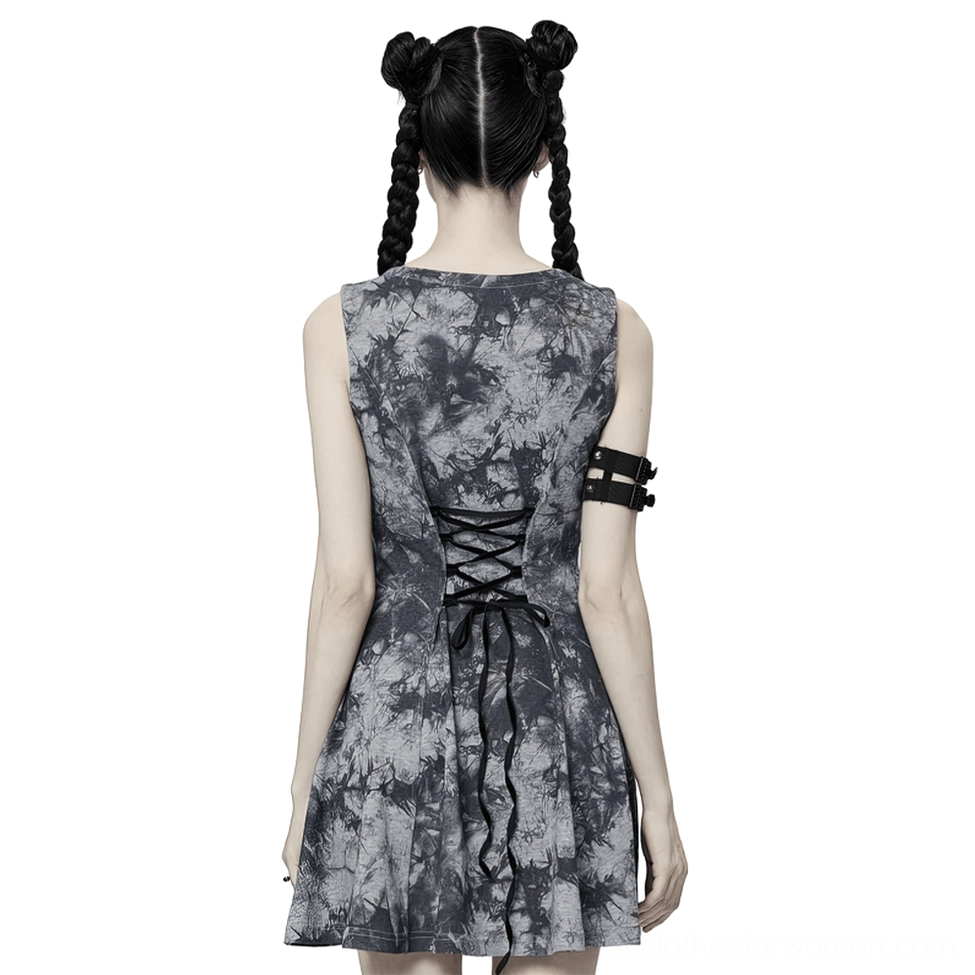 Back view of gothic tie-dye dress showing corset-style lace-up ribbon detail and flared A-line silhouette