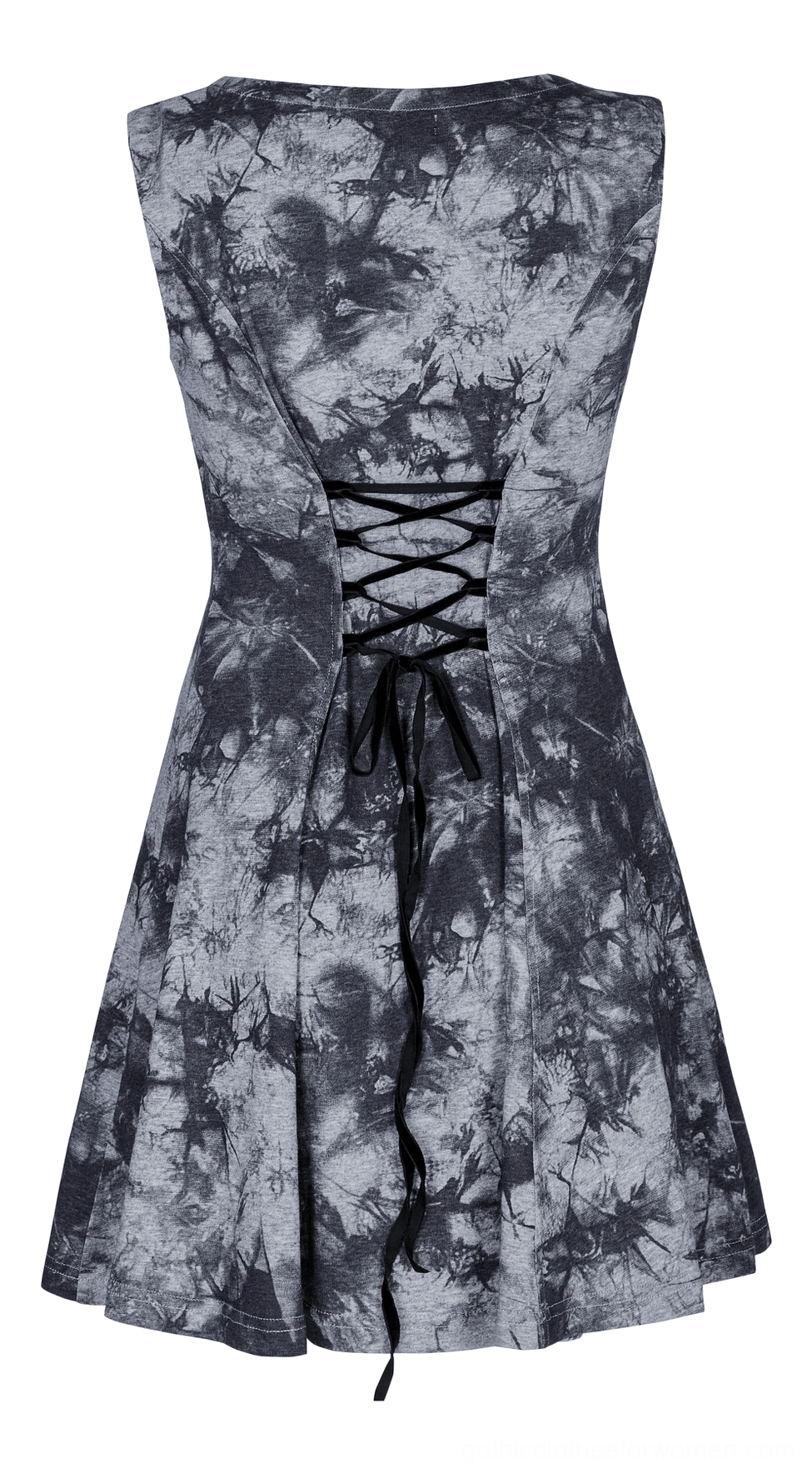 Back flat lay of gothic tie-dye dress showing corset lace-up ribbon and flared hem with tie-dye fabric pattern