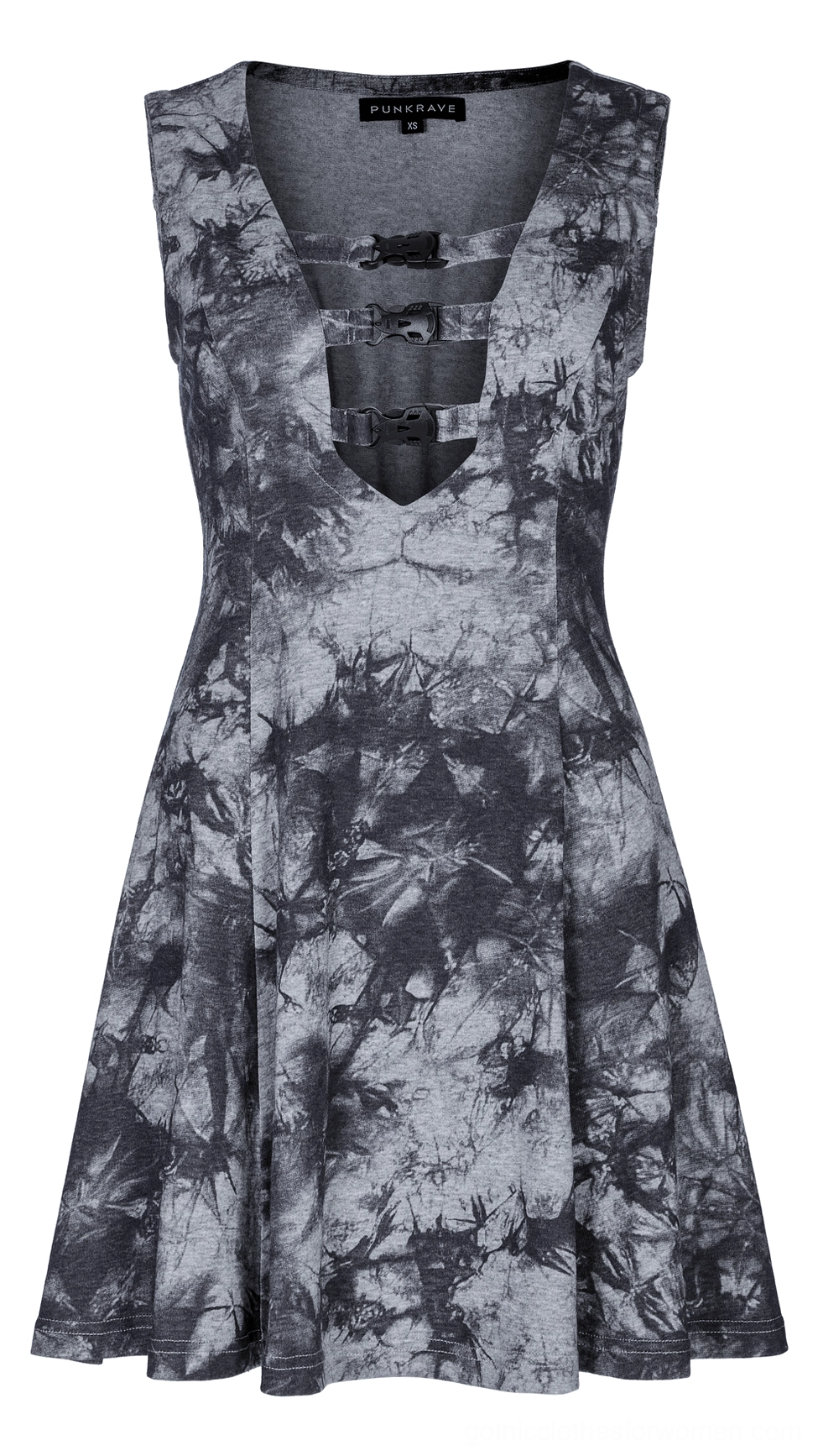 Gothic tie-dye mini dress showcasing deep V neckline and triple buckle strap detail