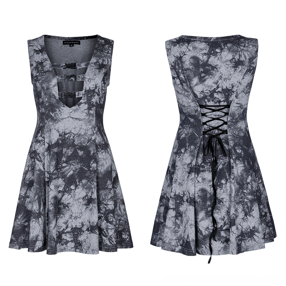 Sleeveless gothic tie-dye dress with front buckle cutout detail and flared skirt flat lay