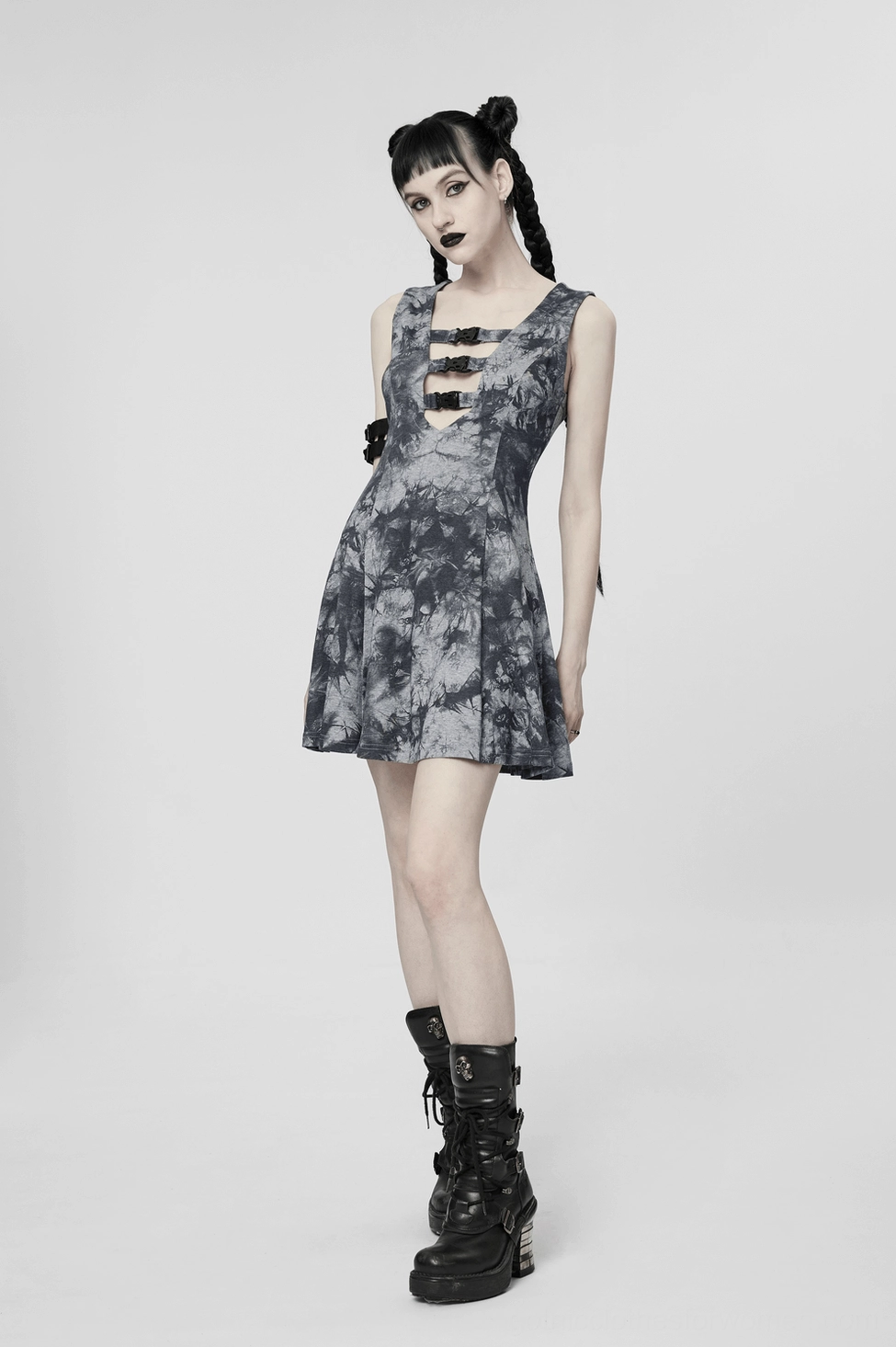 Full-length gothic tie-dye buckle dress with adjustable corset back and alternative fashion aesthetic