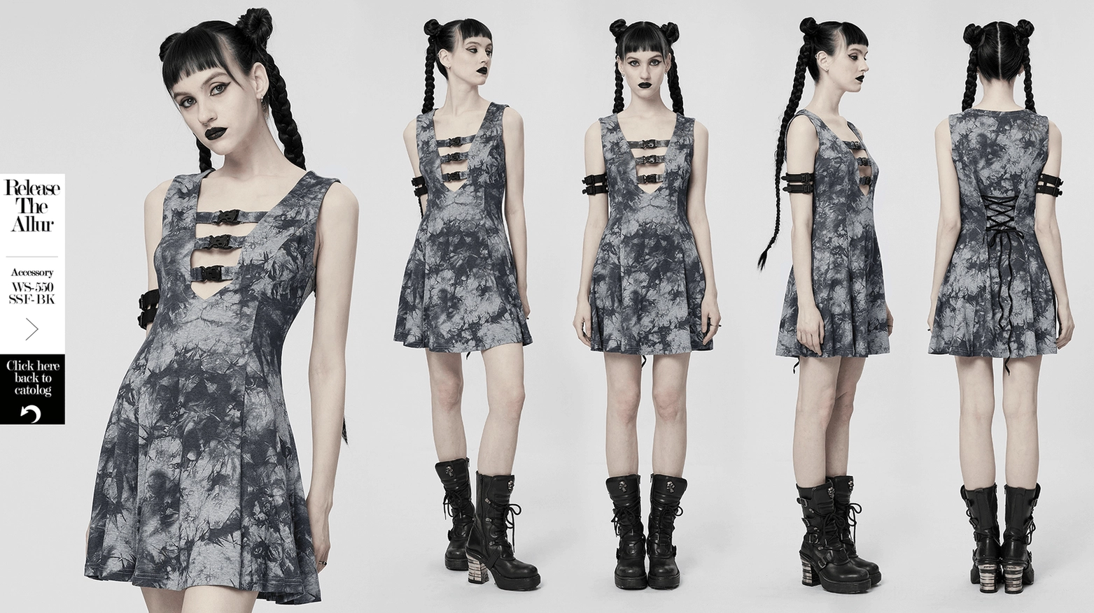 Gothic tie-dye buckle mini dress front view highlighting V-neckline and bucket hardware details