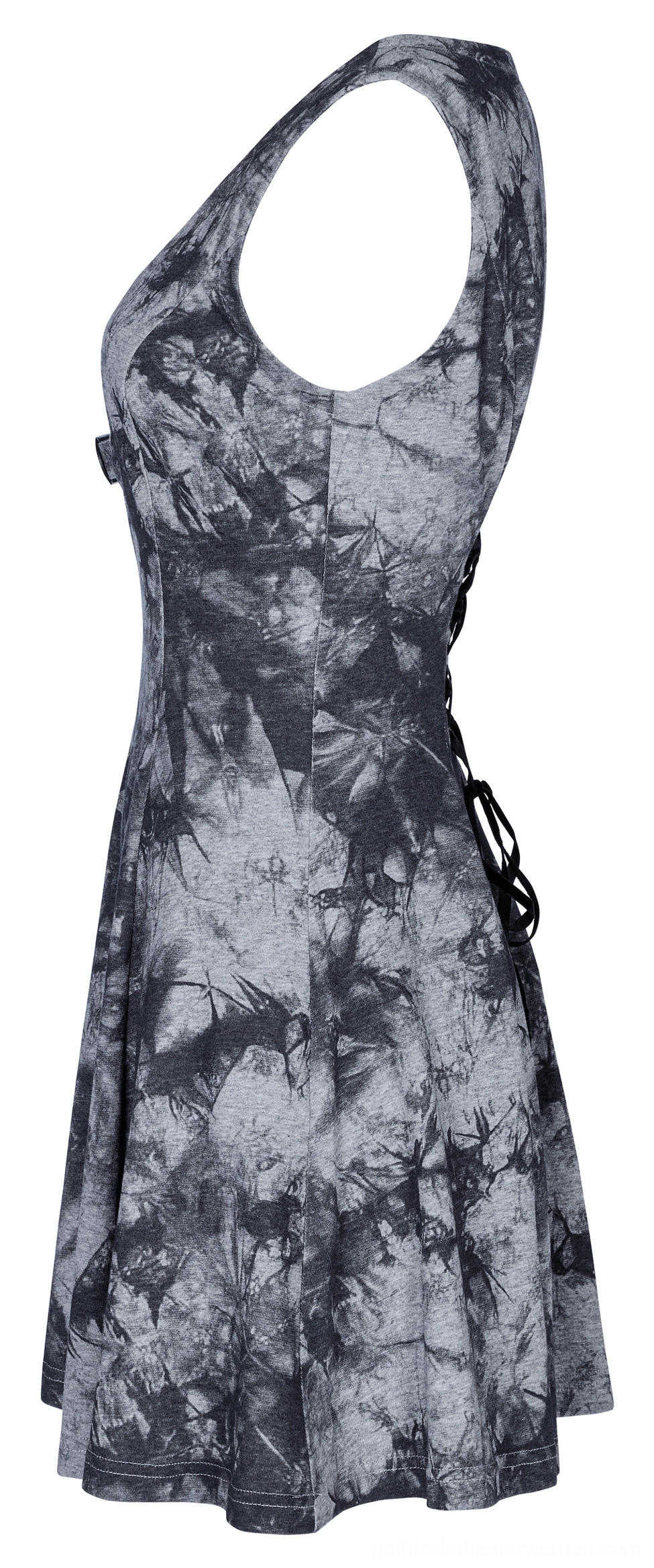 Side view of sleeveless gothic tie-dye dress displaying slim fit and back corset lace-up detail