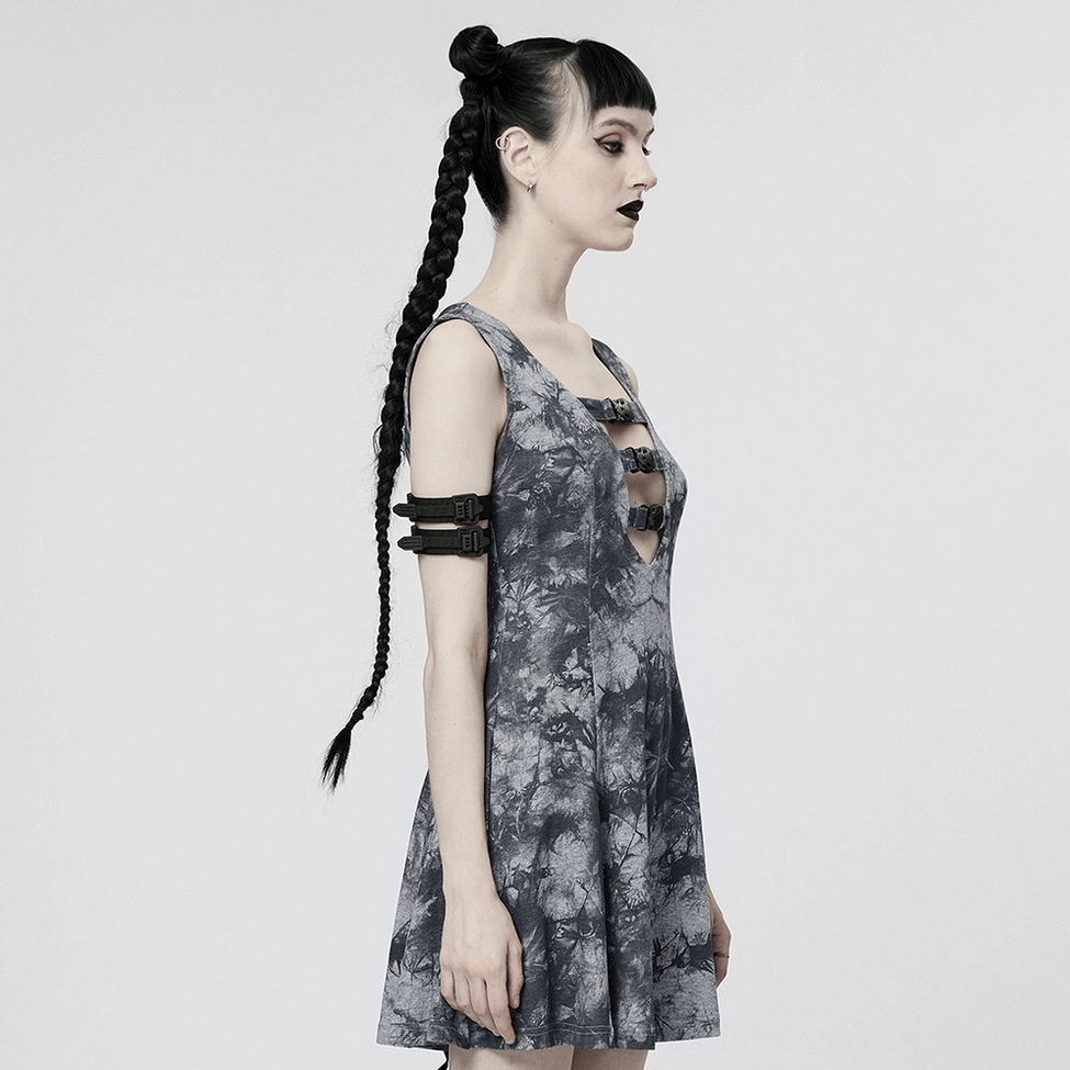 Gothic tie-dye buckle dress sleeveless design with soft knit fabric and tie-dye print