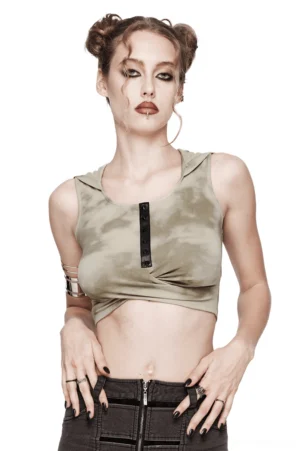 Gothic tie-dye hooded crop top with hollow back, front view worn by model with space buns, showing snap button closure and twisted crop hem