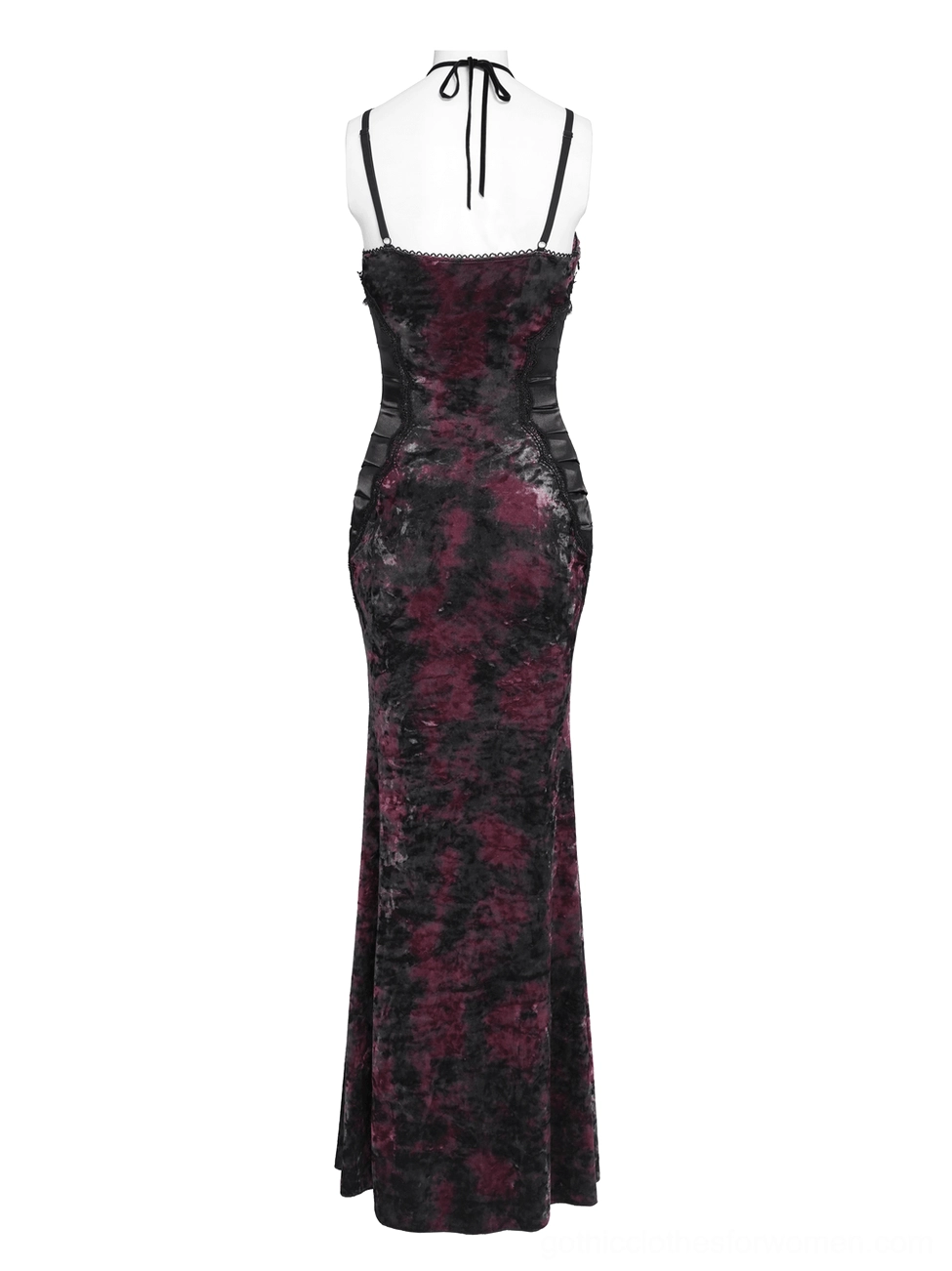 Side profile of tie-dye gothic mermaid maxi dress showing fitted waist, satin side panels, and flowing mermaid silhouette