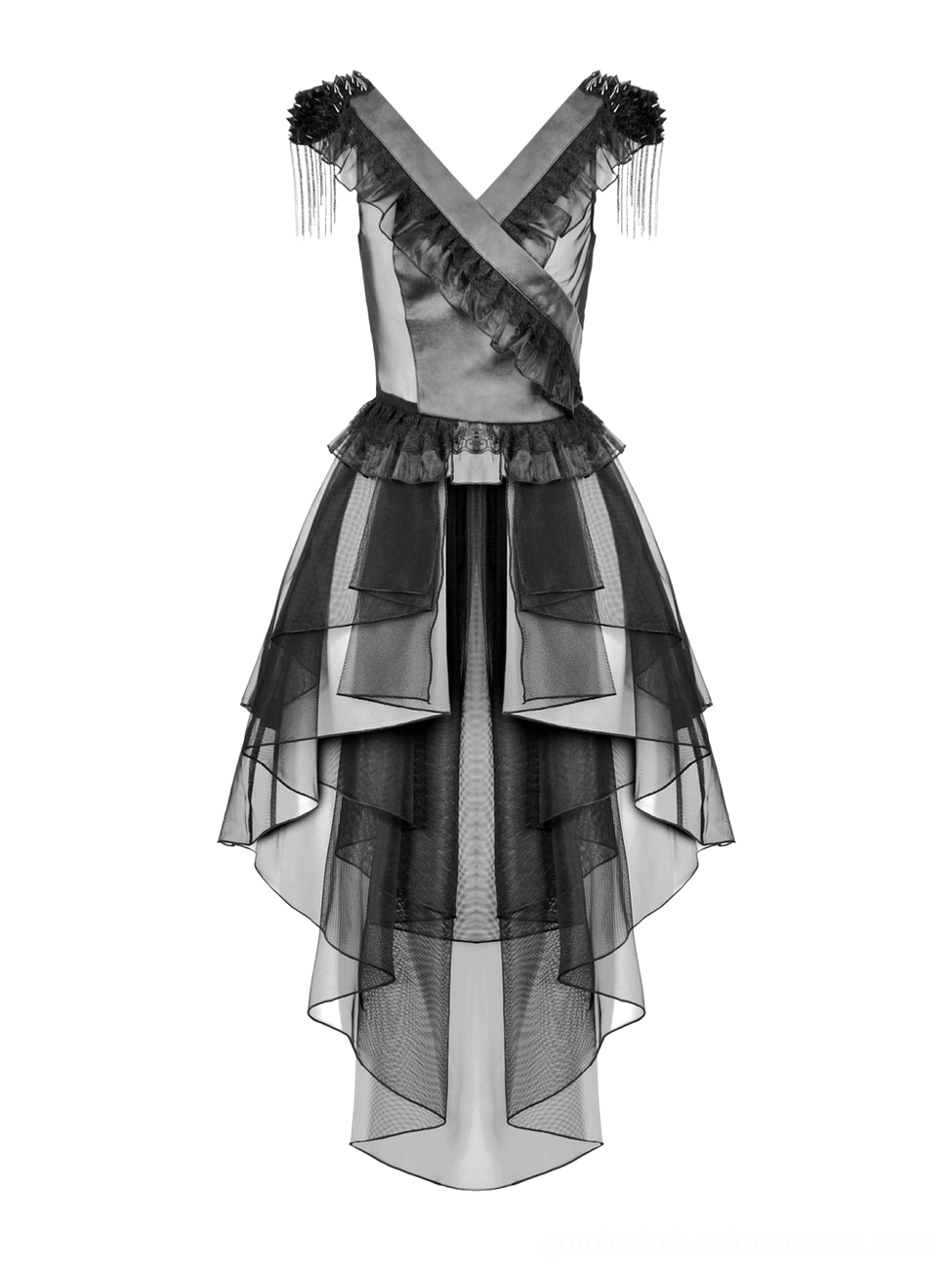 Flat lay front view of gothic lace-up corset tulle dress showing cross-wrap V-neck, fringe ruffled shoulders, and high-low hemline design