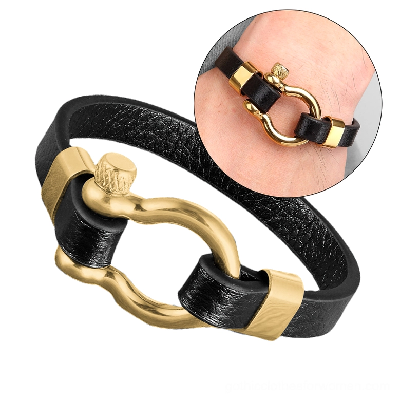 Gold stainless steel leather toggle clasp bracelet flat lay and close-up detail of geometric circle clasp mechanism