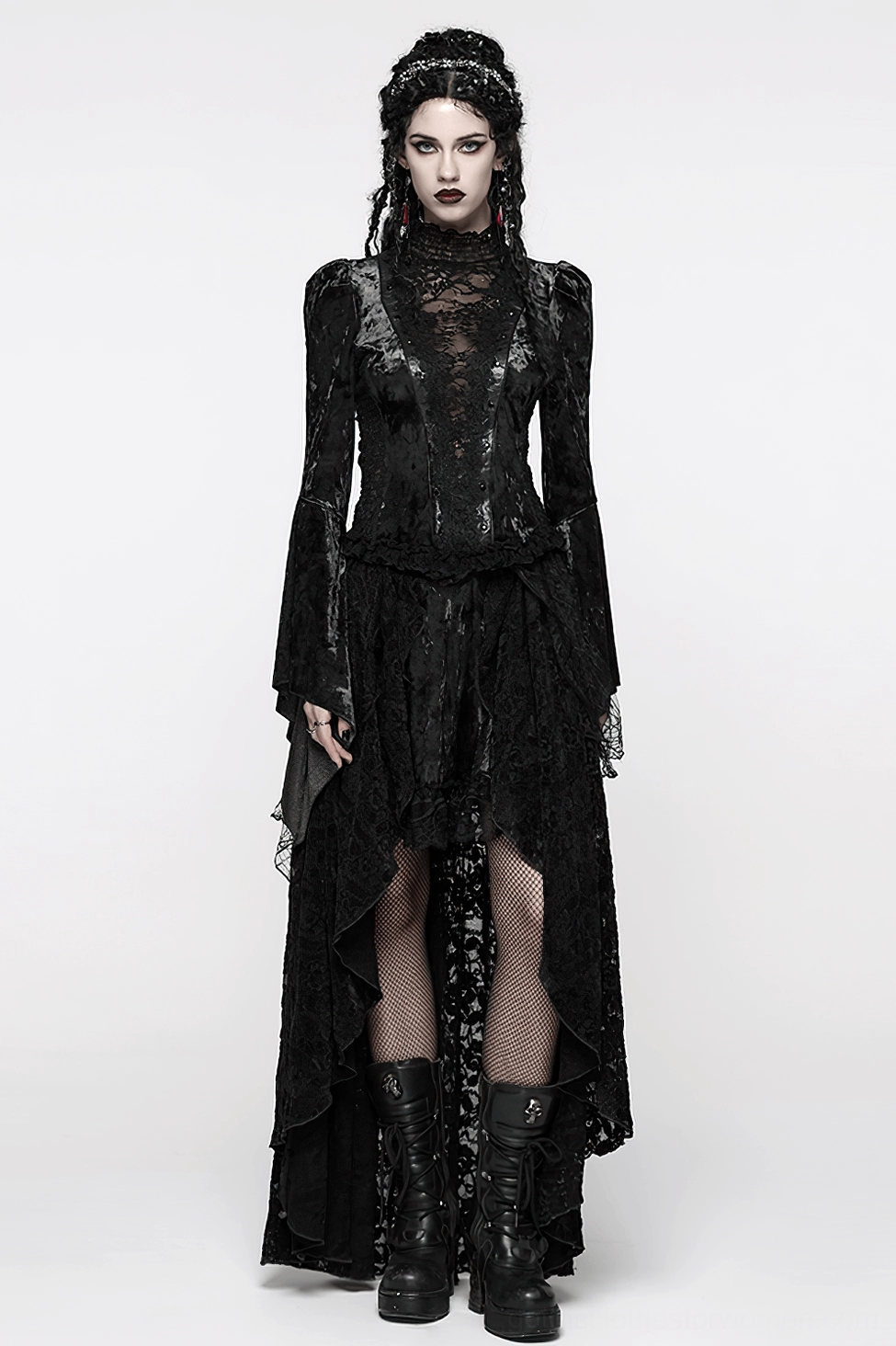 Alternative back view of gothic velvet lace top displaying corset lace-up back, shoulder structure, and sleeve volume