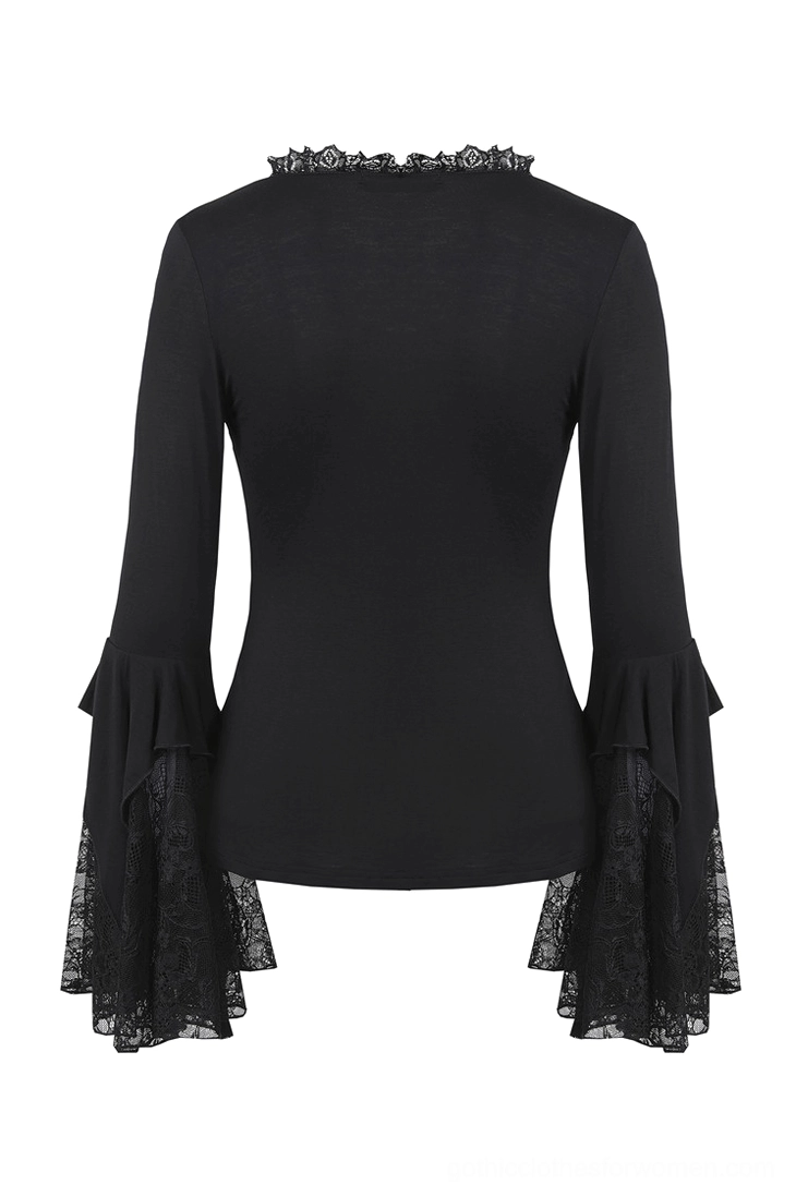 Rear flat lay of black lace bell sleeve top displaying fitted back and layered sleeve construction