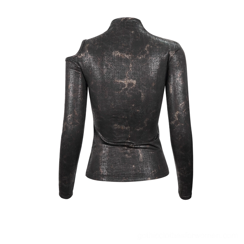 Black gothic cutout long sleeve top back view flat lay, showing high mock neck and full sleeve coverage