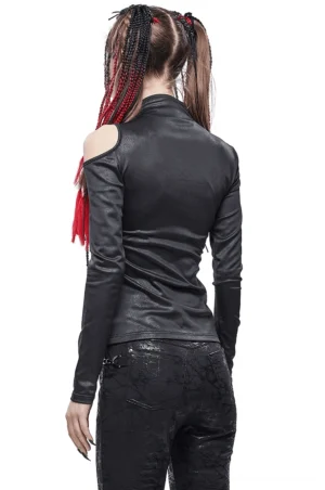 Gothic slim-fit black long sleeve top back view showing high neckline and fitted silhouette on model against white background