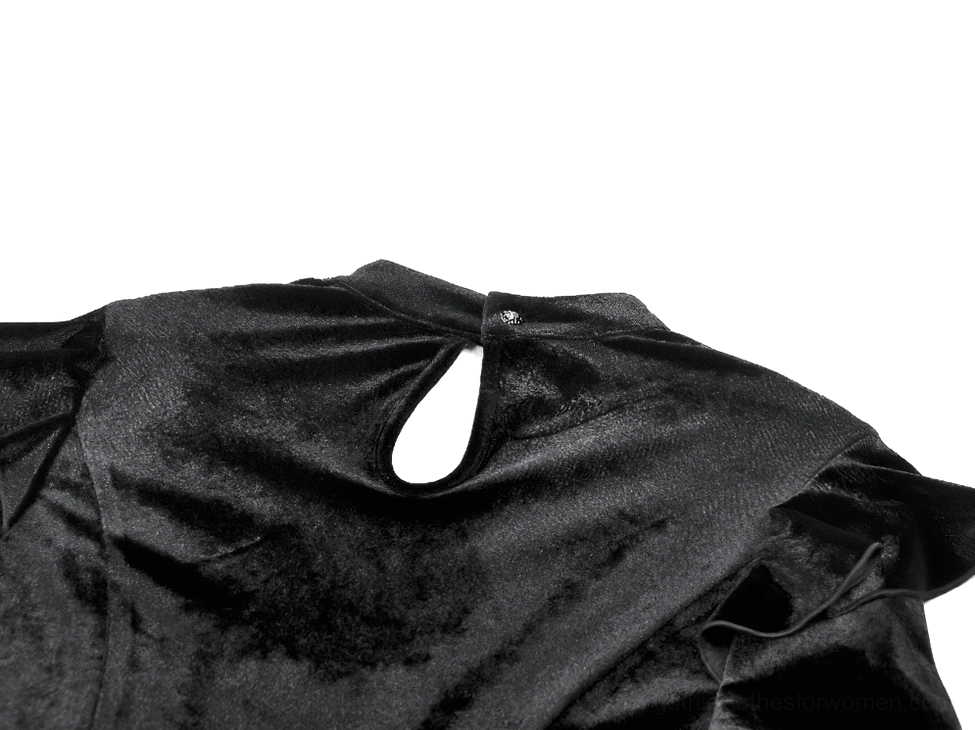 Back closure detail of gothic velvet top showing keyhole button fastening on smooth black velvet