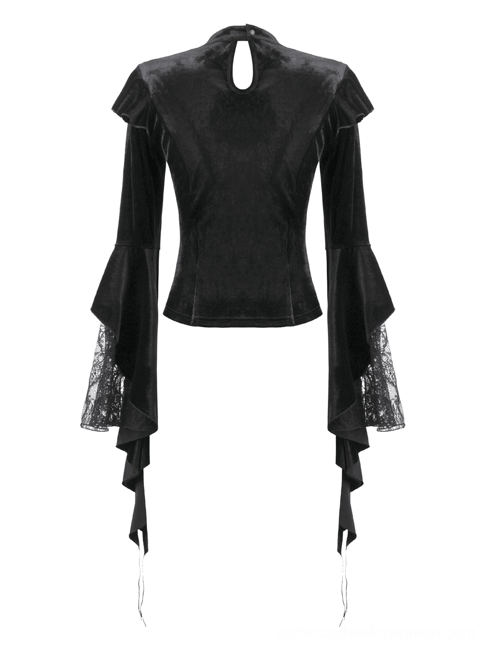 Back view flat lay of gothic velvet bell sleeve top featuring smooth black velvet and keyhole button closure