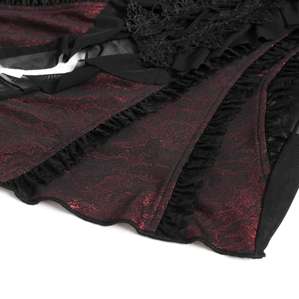 Black wine red gothic lace ruffle top sheer bell sleeve detail and texture close-up