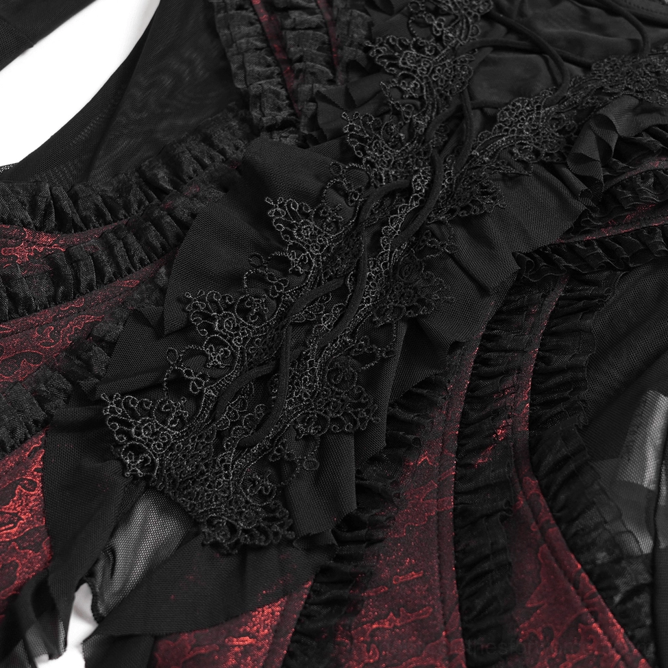 Close-up of gothic lace top bodice showing embroidery lace ruffled trim and dark red underlayer