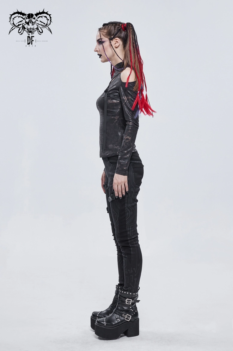 Gothic cutout slim fitted top with distressed metallic finish and adjustable nylon buckle hardware, detail view