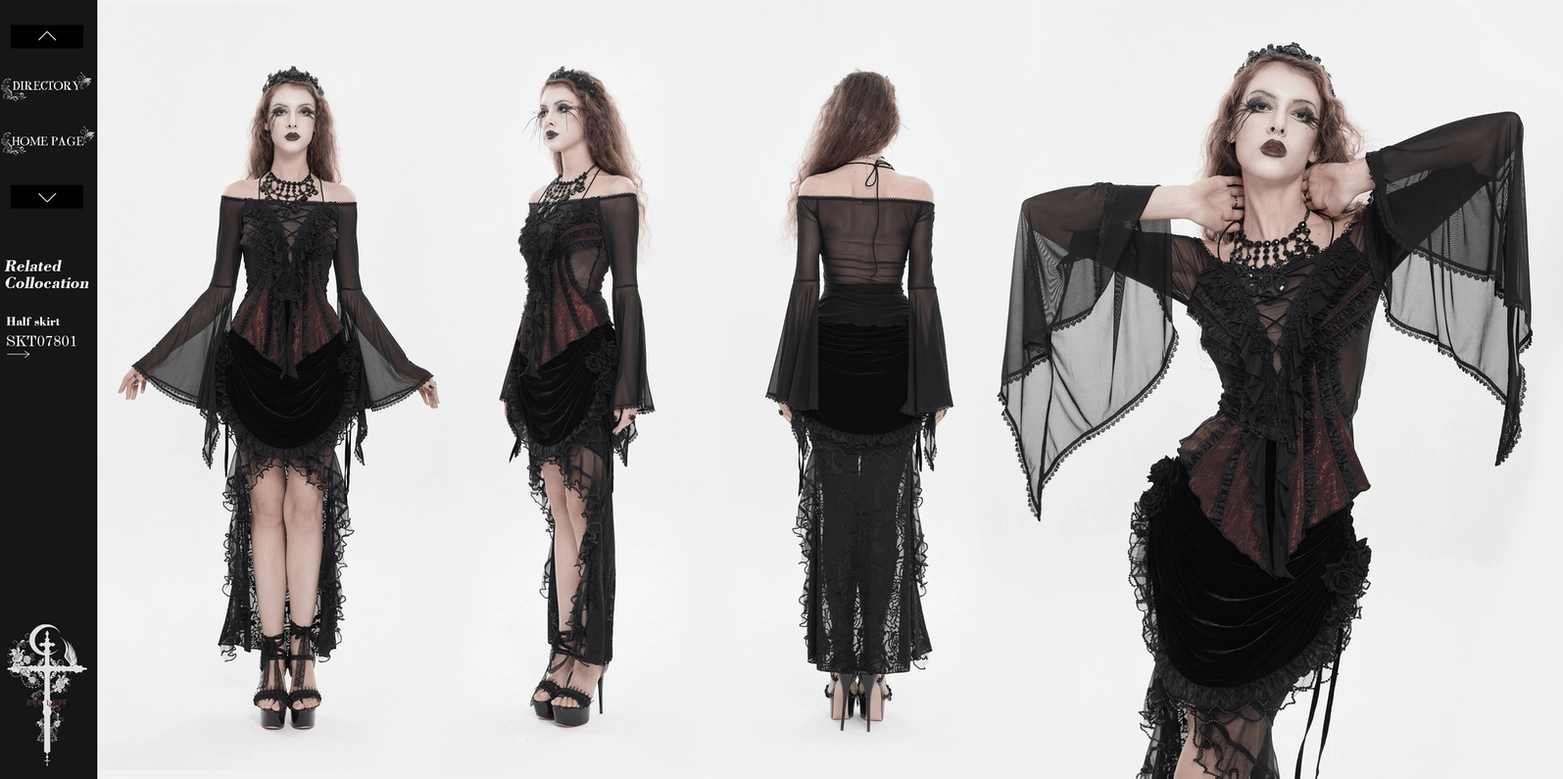 Black wine red gothic off-shoulder ruffle lace top detail of collar and off-shoulder design on mannequin