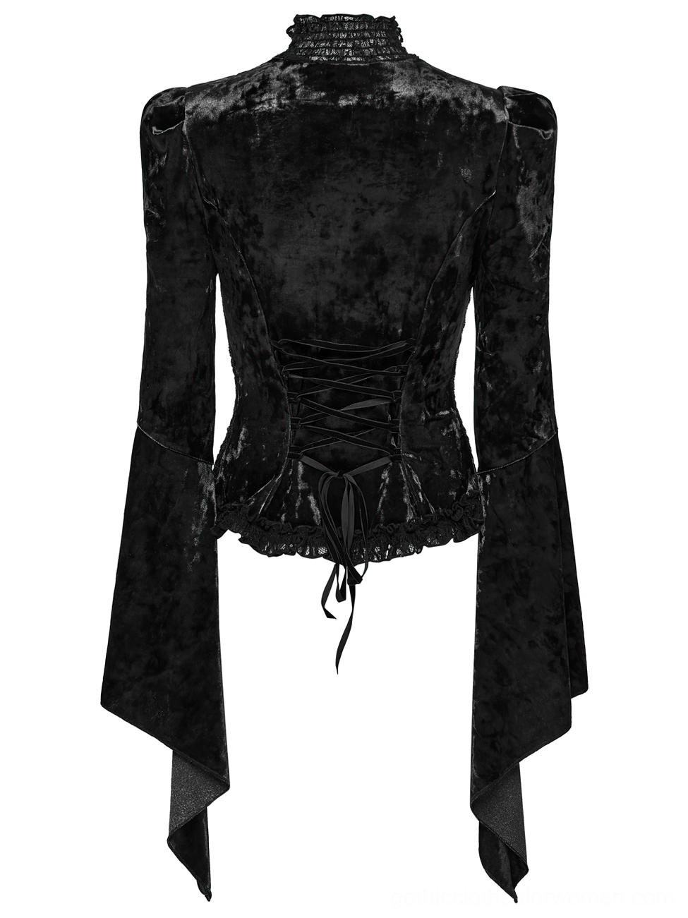 Back flat lay view of black gothic top displaying lace-up corset back, structured shoulders, ruffled hem, and full sleeve drape