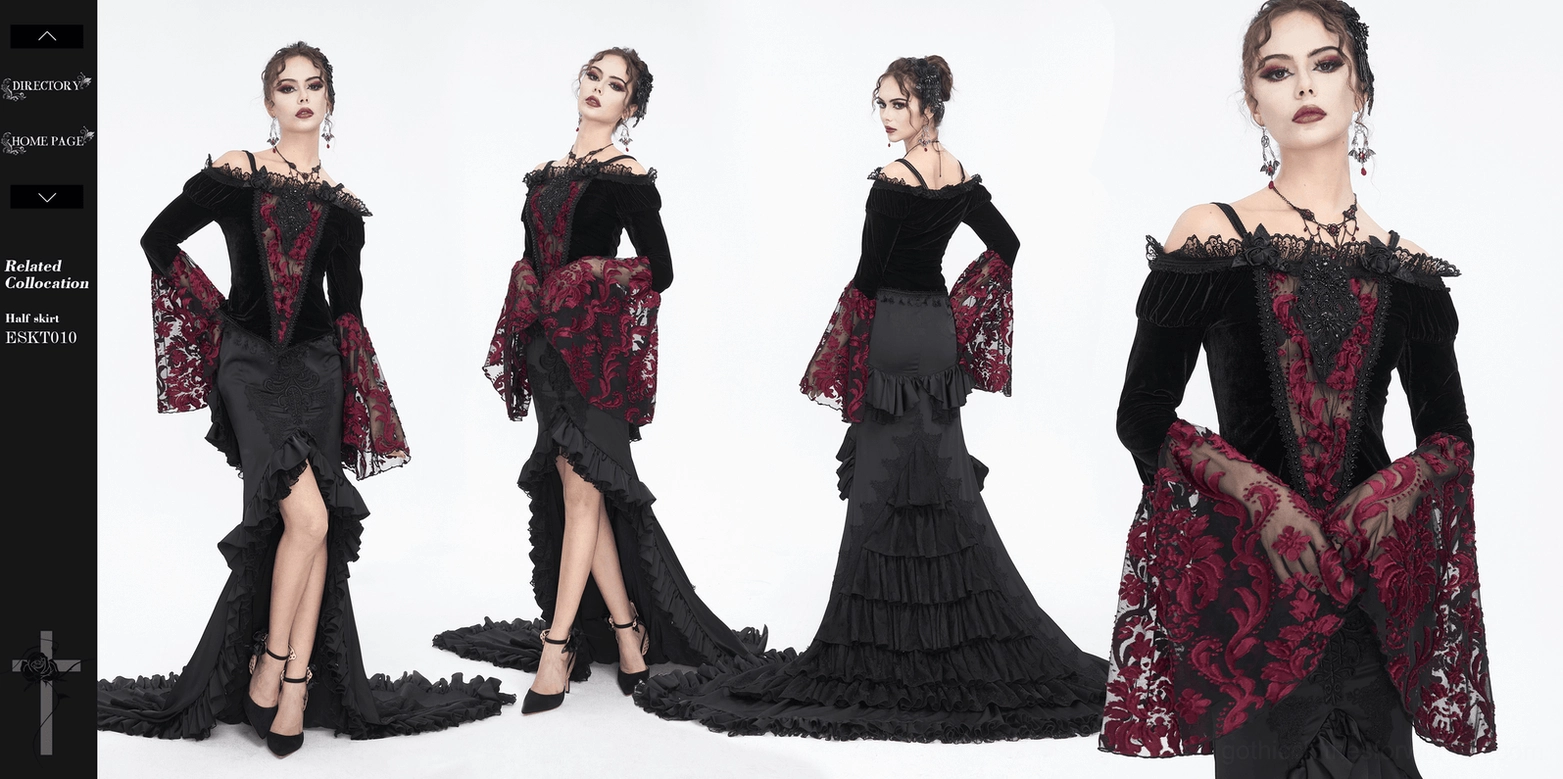 Gothic velvet lace top detail shot highlighting craftsmanship and beaded embroidery quality