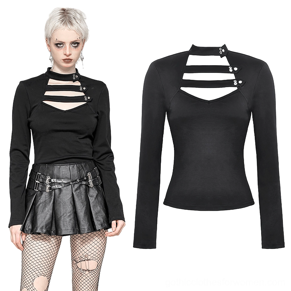 Black gothic cutout top front and side flat lay displaying metal button strap details on chest cutout