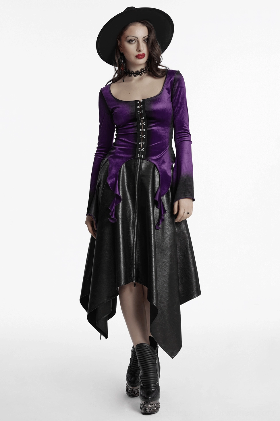 Fabric composition and care information label for purple velvet gothic long sleeve top