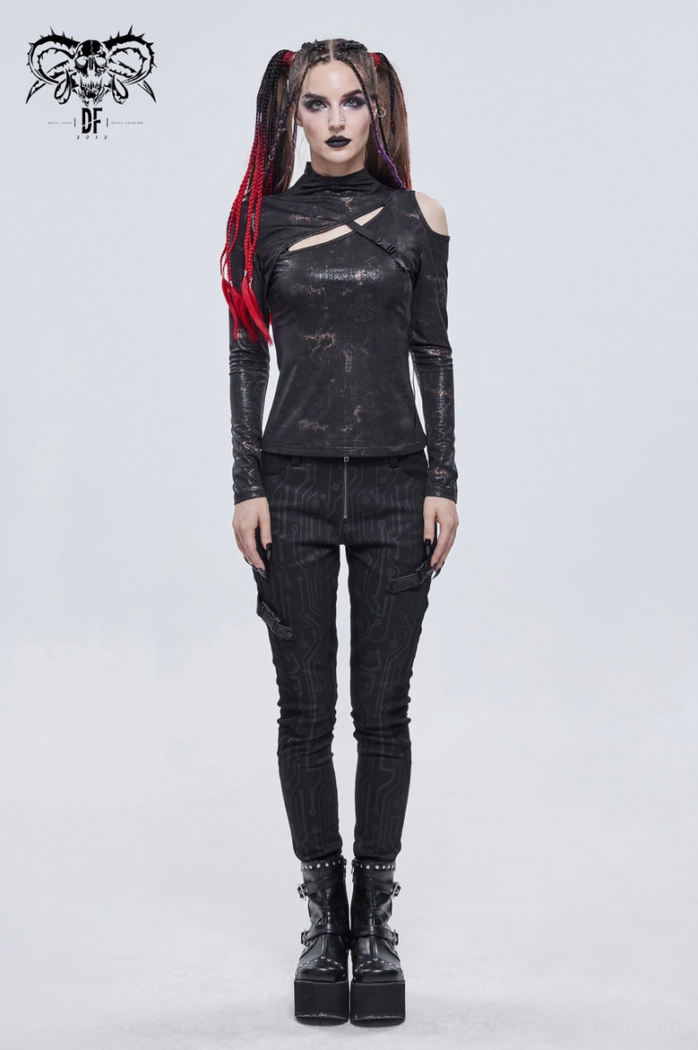 Black gothic long sleeve cutout top with asymmetrical design and bodycon fit, front angle view
