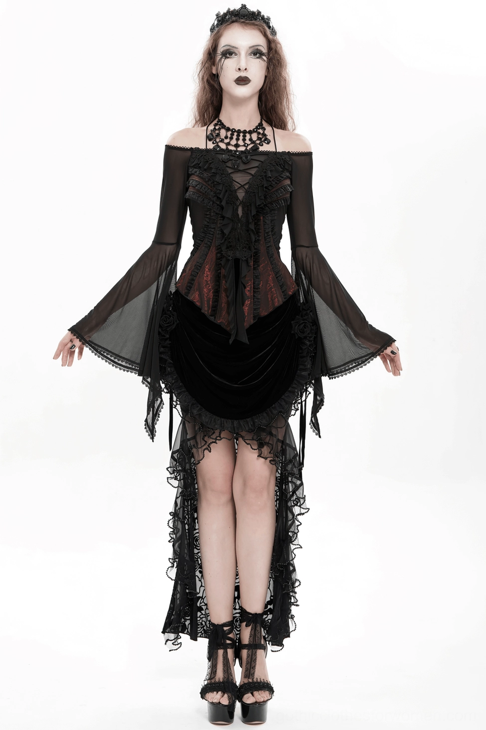 Gothic lace ruffle top front bodice detail showing layered ruffles and lace embroidery