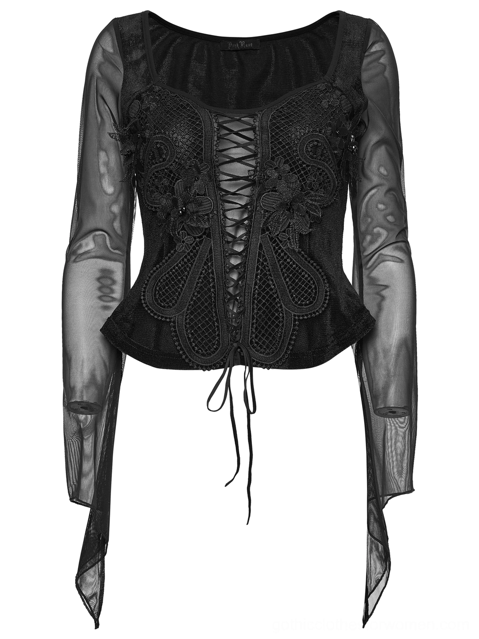 Front flat lay close-up of black gothic top showing lace-up detail and floral embroidery with mesh base