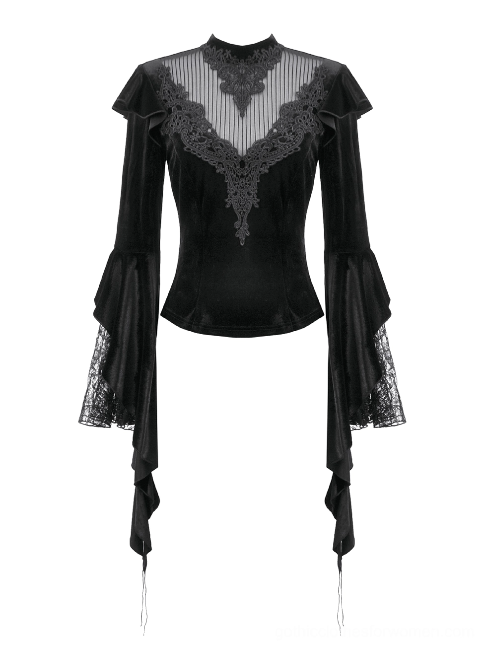 Flat lay front view of gothic velvet bell sleeve top showing sheer mesh lace yoke and black lace appliqué details