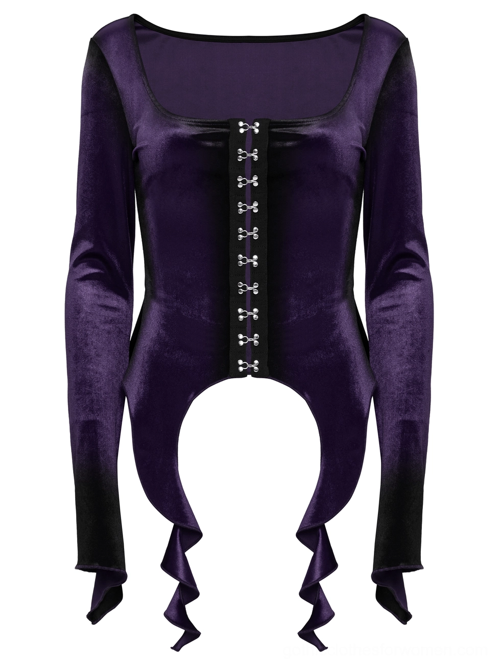 Gothic velvet long sleeve top front flat lay showing square neckline metal buckles and gradient purple black fabric