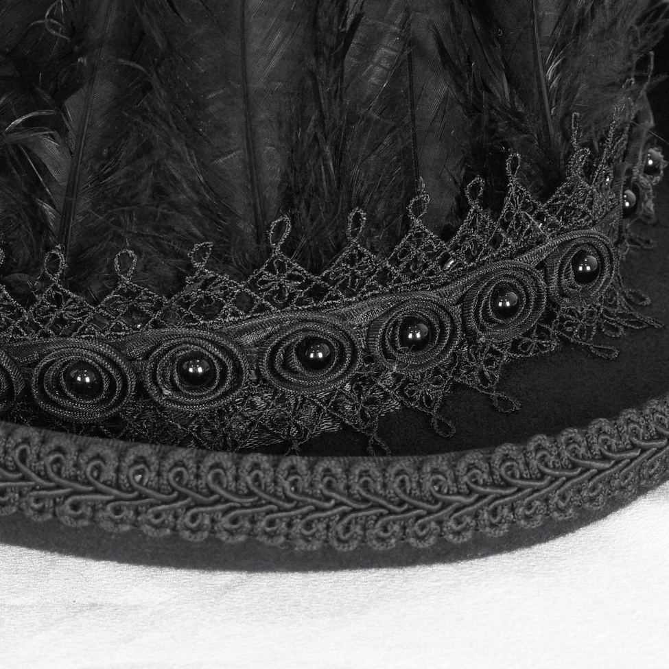 Close-up front view black feathered top hat brim crown lace trim round embellishments