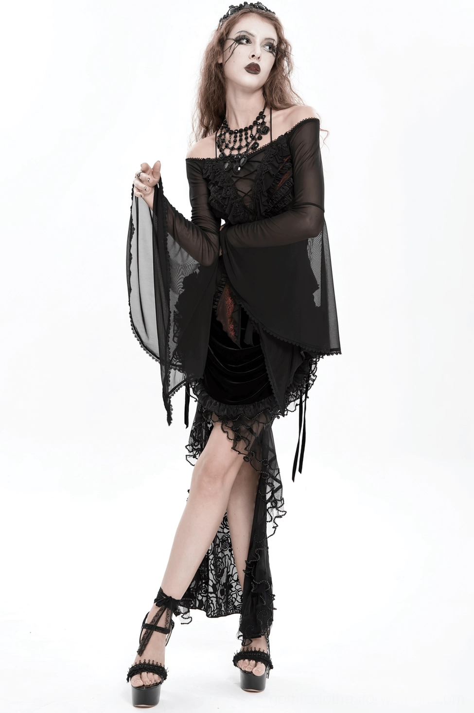Black wine red gothic lace top hem and side seam detail with ruffled trim