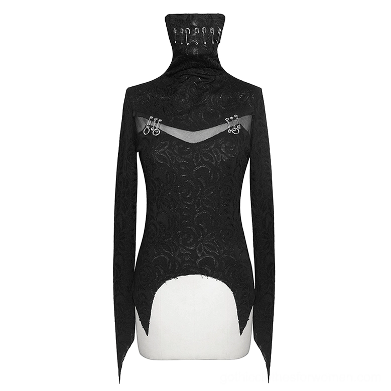 Black gothic high-neck long sleeve top with abundant safety pins and mesh chest panel on dress form, full view